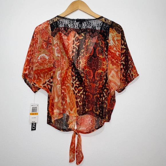 S NWT XOXO Sheer Snakeskin Lace Dolman Tie Front Cropped Bolero Top Blouse - Picture 6 of 6